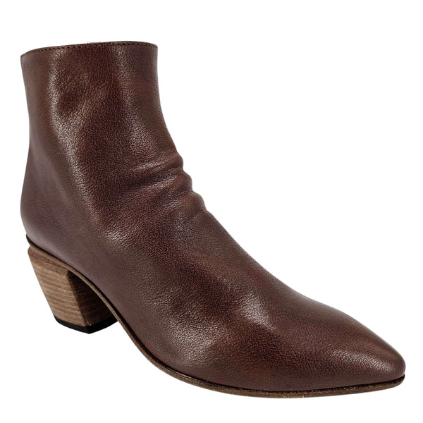 Brown leather ankle boot with block heel and side seam stitching