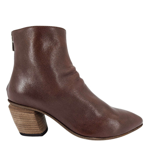 Brown leather ankle boot with block heel and almond toe
