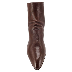 Brown leather ankle boot with pointed toe and stitched detail