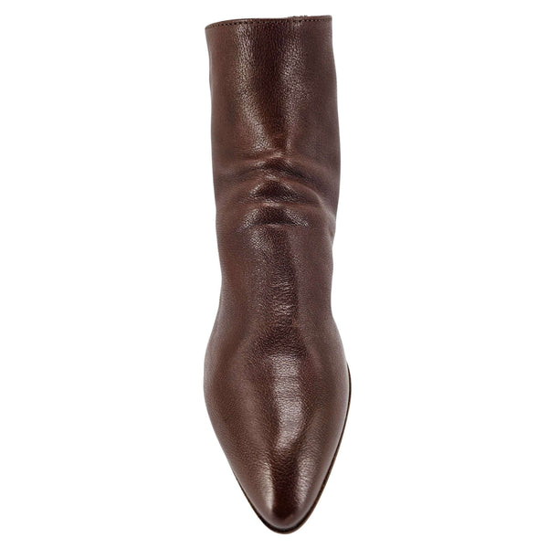 Brown leather ankle boot with pointed toe and stitched detail