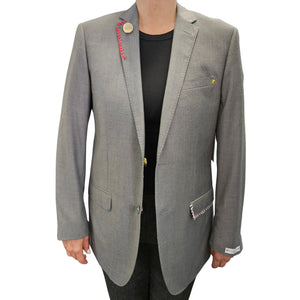 Grey blazer with notch lapels, front pockets, and small yellow sleeve accent