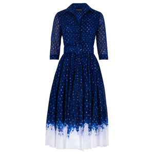 Midnight blue shibori dress, button-front, 3/4 sleeves, belted waist, white hem