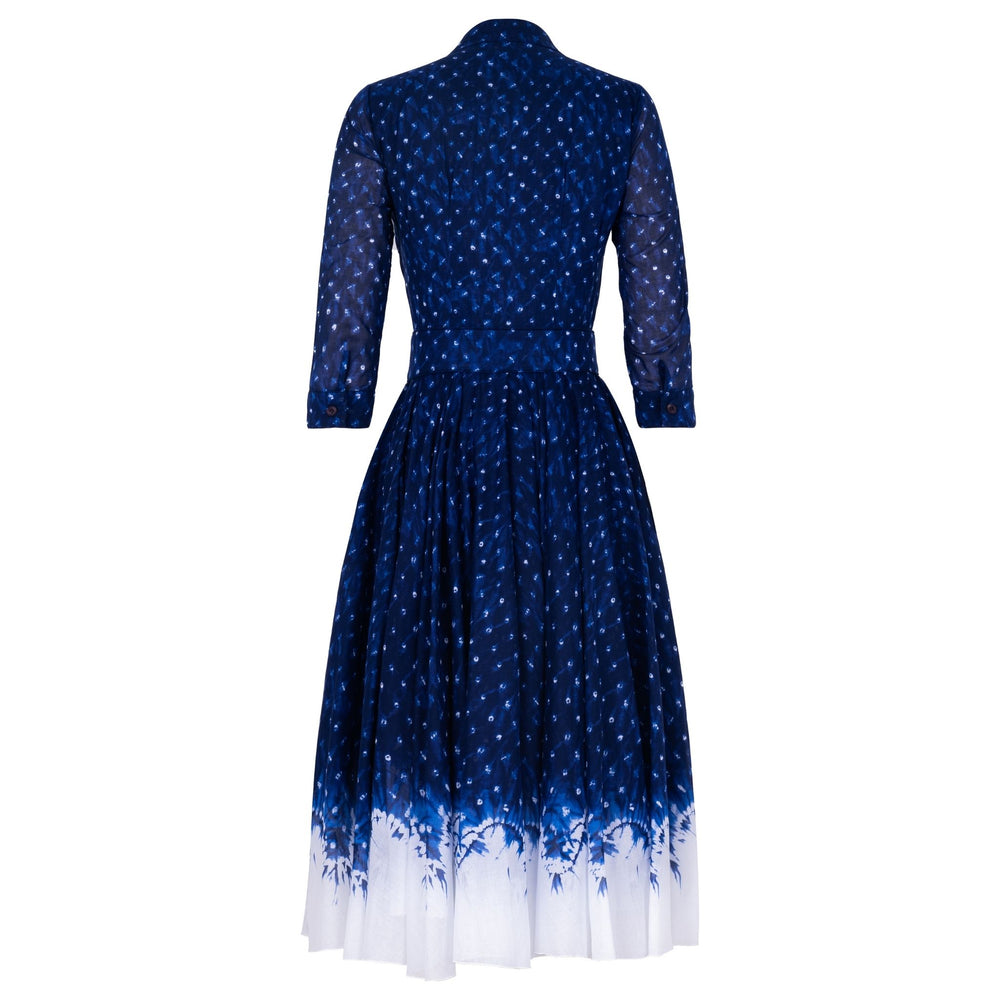 Midnight blue shibori dress, button-front, 3/4 sleeves, belted waist, white hem