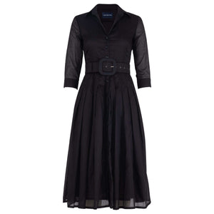 Black V-neck midi dress with button front, sheer sleeves, belted waist, pleated skirt