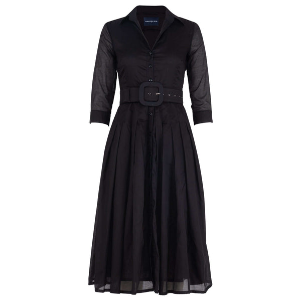 Black V-neck midi dress with button front, sheer sleeves, belted waist, pleated skirt