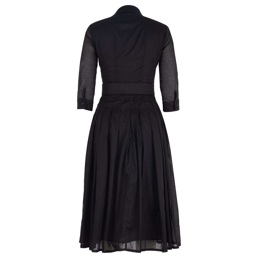 Black V-neck midi dress with button front, sheer sleeves, belted waist, pleated skirt