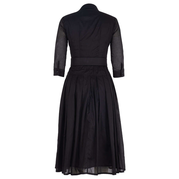 Black midi dress with three-quarter sleeves, pleated skirt, belted waist