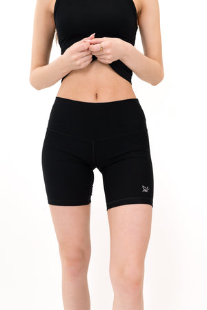 Black 5-inch core shorts front view with high-rise waistband and small leg logo