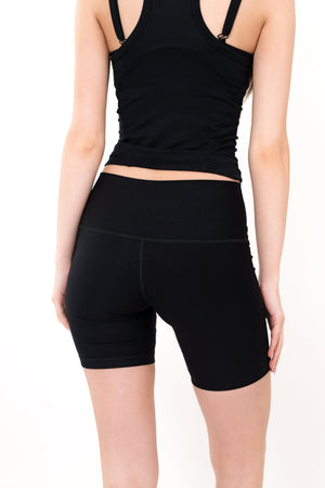 Black 5-inch core shorts back view with fitted legs and straight mid-thigh hem