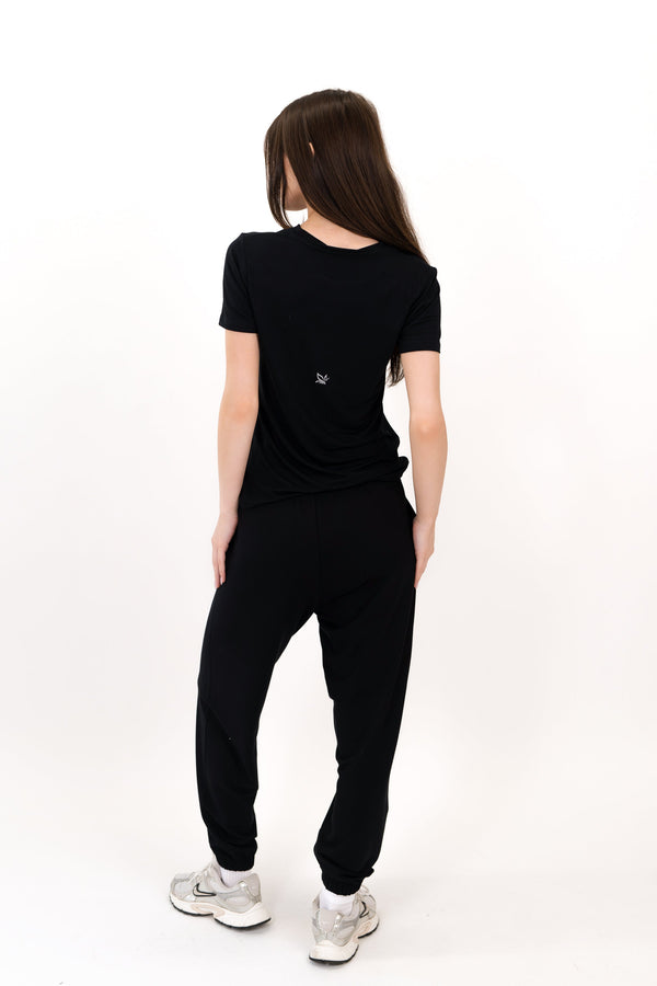 Black short-sleeve T-shirt, back view with crew neck