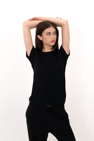 Black short-sleeve T-shirt with gathered neckline and waist cutout