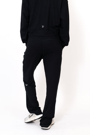 Black wide-leg sweatpants, relaxed legs with elastic waistband