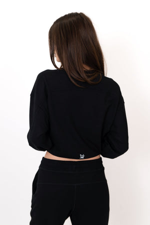 Black crew neck pullover, back view, long sleeves