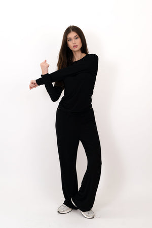 Black long-sleeve crop top with crew neck