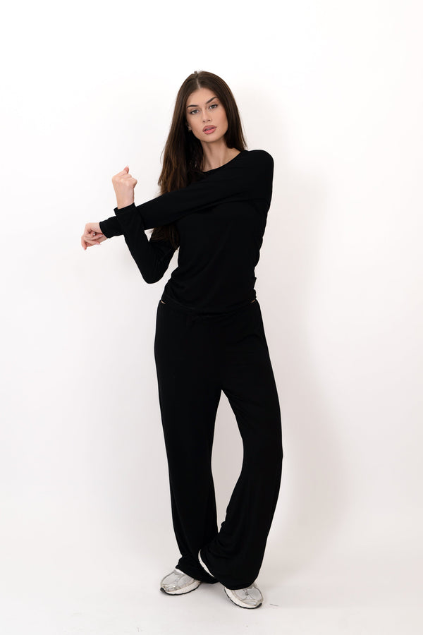 Black long-sleeve crop top with crew neck