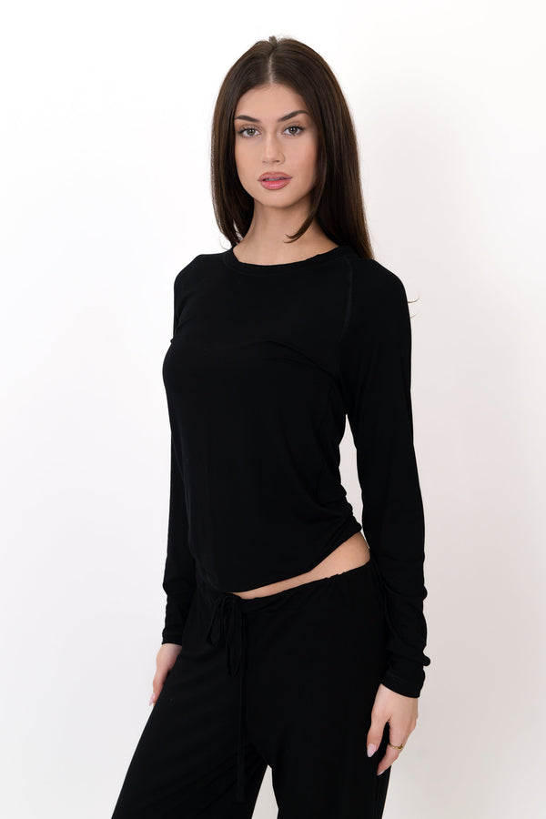 Black long-sleeve crop top with round neckline