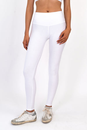 White high-rise leggings, full length with smooth seams and stretch fit