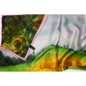 Italian silk satin scarf, sunflower field print in yellow and green, pink edge trim