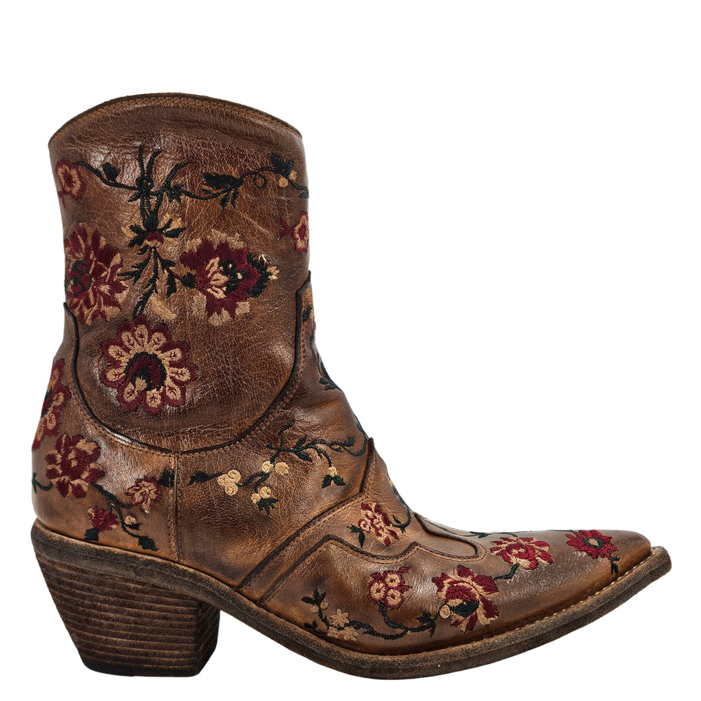 Tan leather ankle boot with burgundy floral embroidery and block heel