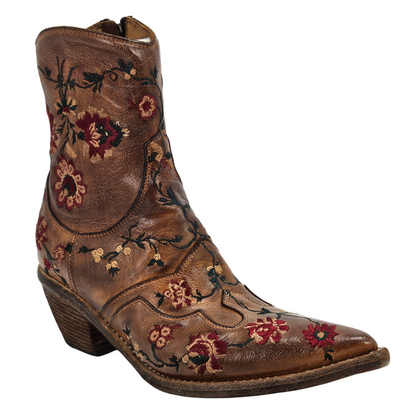 Tan leather ankle boot with burgundy floral embroidery and stacked block heel