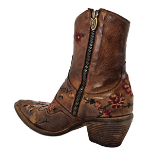 Tan leather ankle boot with side zipper, burgundy floral embroidery, block heel