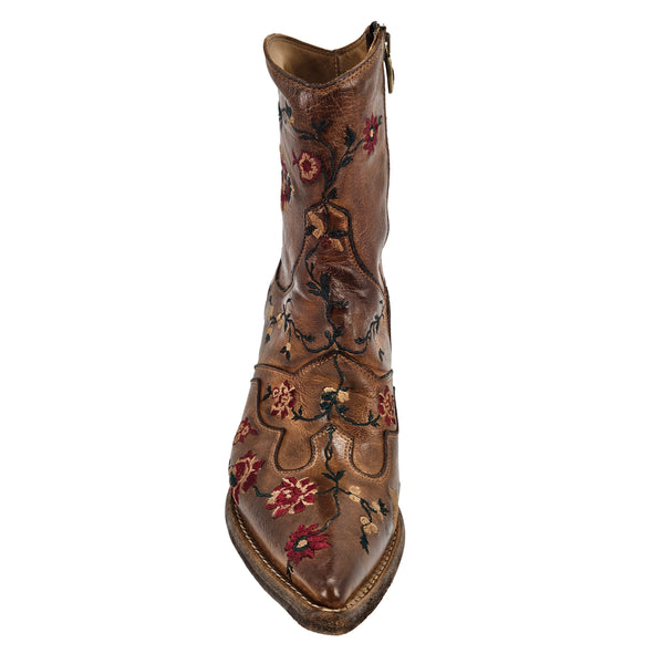 Tan leather ankle boot with burgundy floral embroidery and angled heel