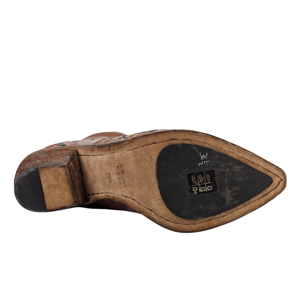Tan leather ankle boot outsole and interior sole with size label