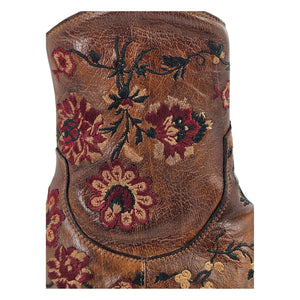 Tan leather ankle boot shaft with burgundy floral embroidery detail