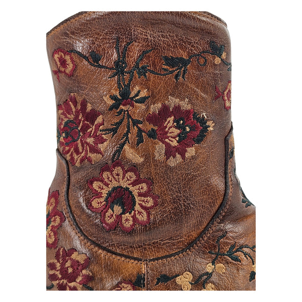 Tan leather ankle boot shaft with burgundy floral embroidery detail