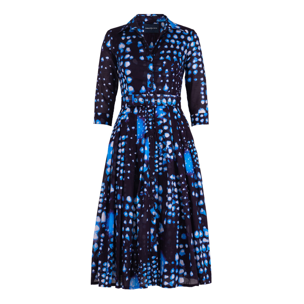 Indigo tie-dye geometric dress with button-up V neck and tied waist, 3/4 sleeves