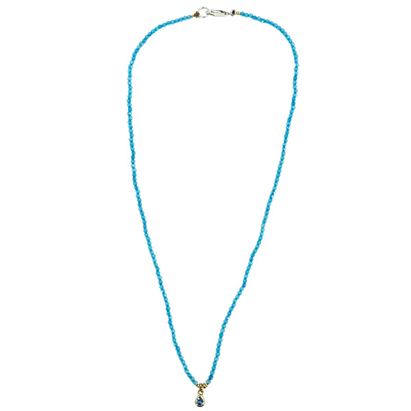 Turquoise beaded charm necklace with goldtone teardrop pendant and lobster clasp