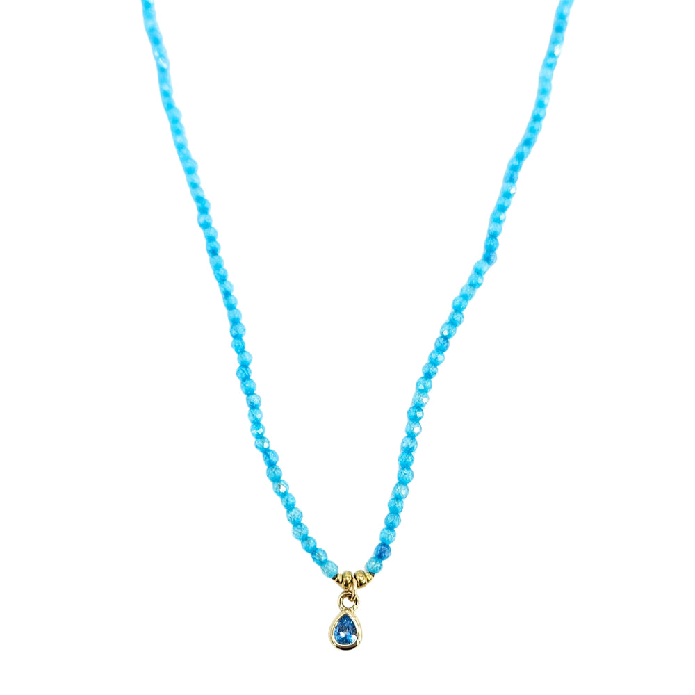 Turquoise beaded charm necklace with goldtone teardrop pendant and lobster clasp