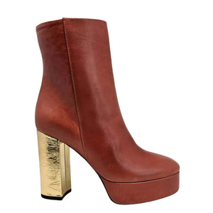 Dark red platform ankle boot with gold metallic chunky heel and side zipper
