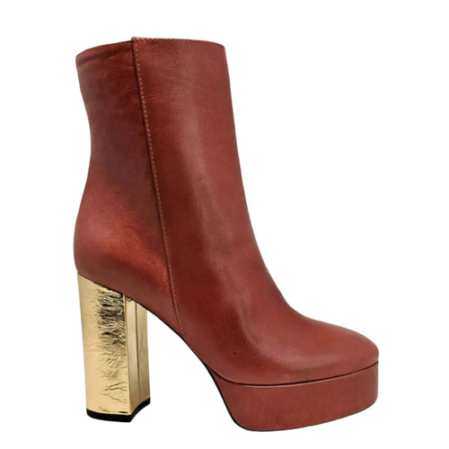 Dark red platform ankle boot with gold metallic chunky heel and side zipper