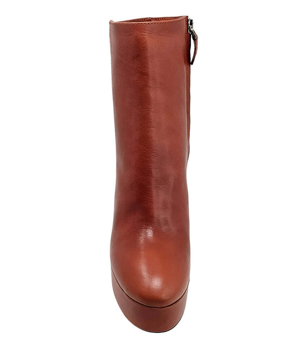 Dark red tall ankle boot with platform sole and gold heel