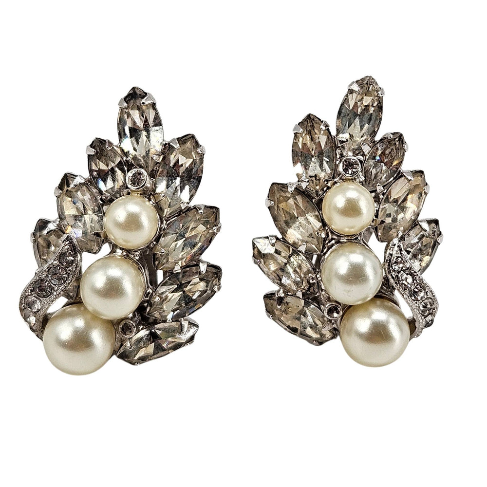 Vintage clear rhinestone and pearl cluster stud earrings, silver-tone with three pearls