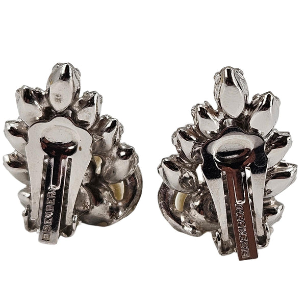 Silver-tone rhinestone and pearl flower stud earrings with engraved vertical clasp