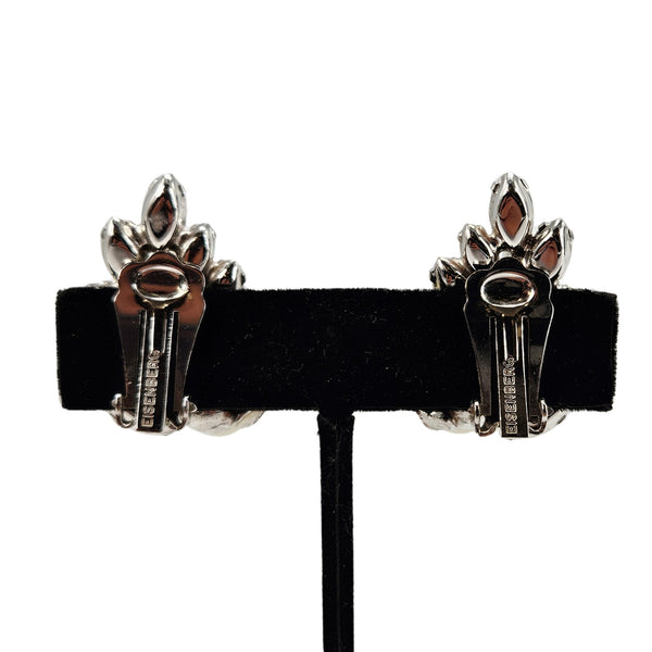 Silver-tone stud earrings with clear rhinestone and pearl floral settings, bar-style backs