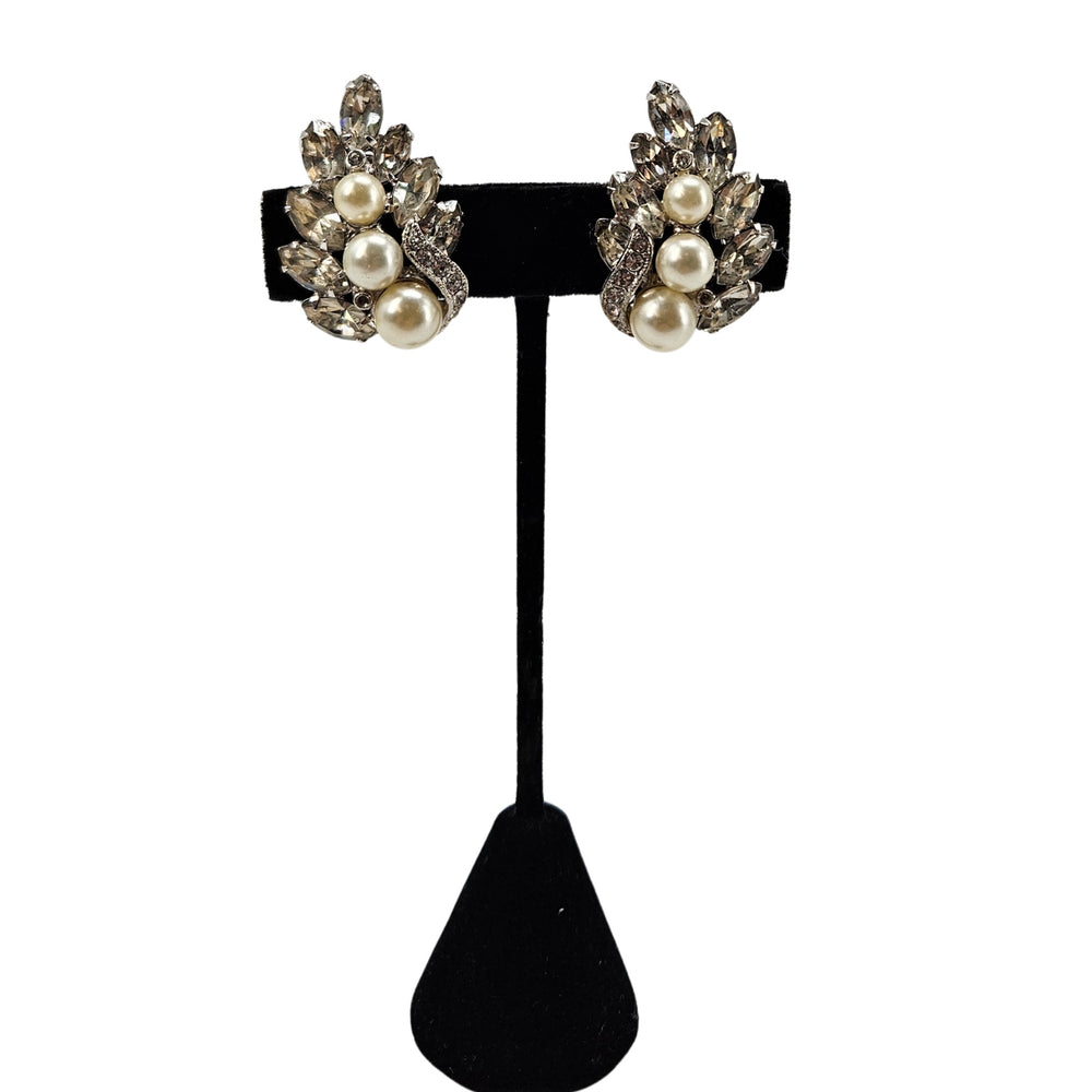 Vintage clear rhinestone and pearl cluster stud earrings, silver-tone with three pearls