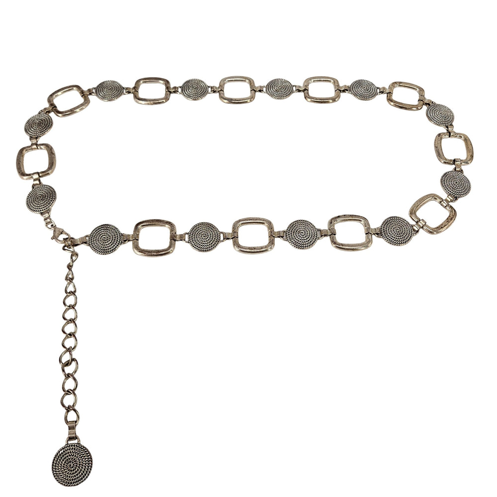 Vintage silver-toned chain link belt with textured round medallion discs and hanging charm