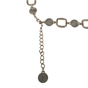 Silver-toned chain link belt with textured medallion and long hanging chain with round charm