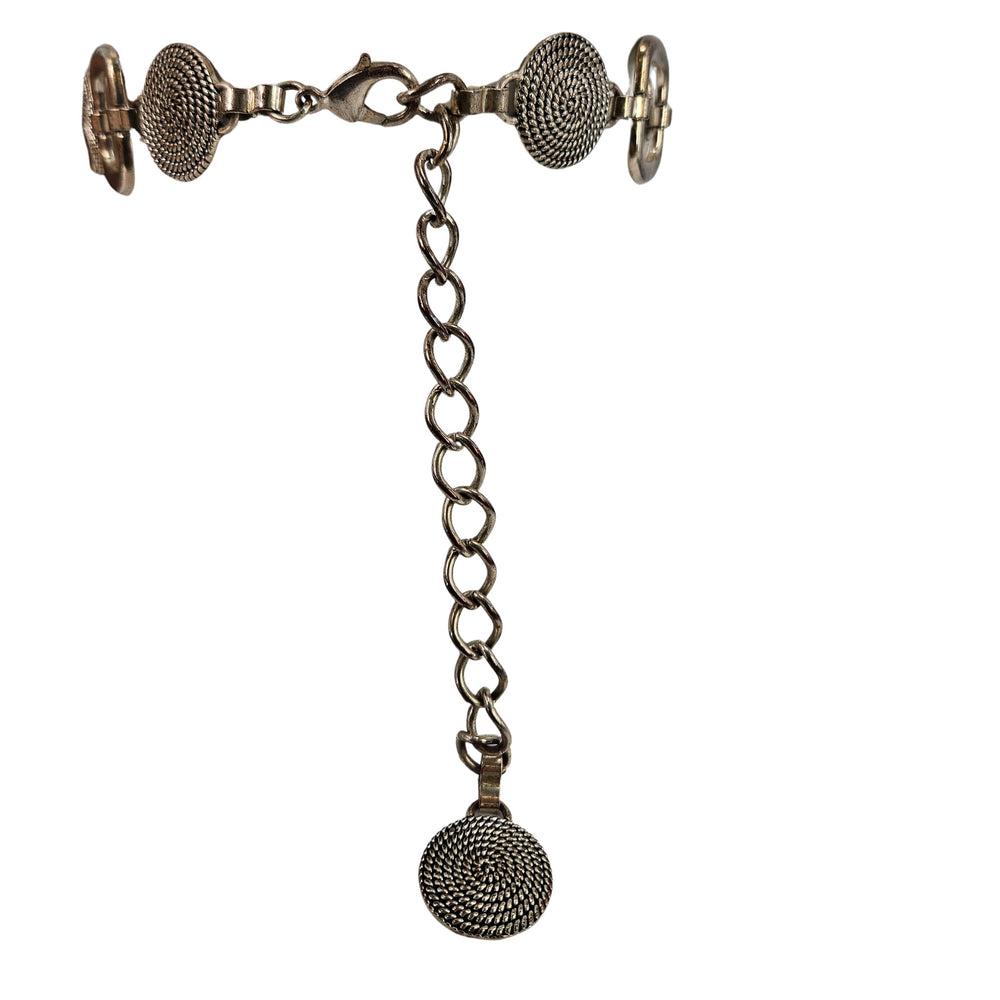 Vintage silver-toned chain link belt with textured round medallion discs and hanging charm