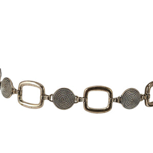 Silver-toned chain belt with square links and textured circular medallion beads