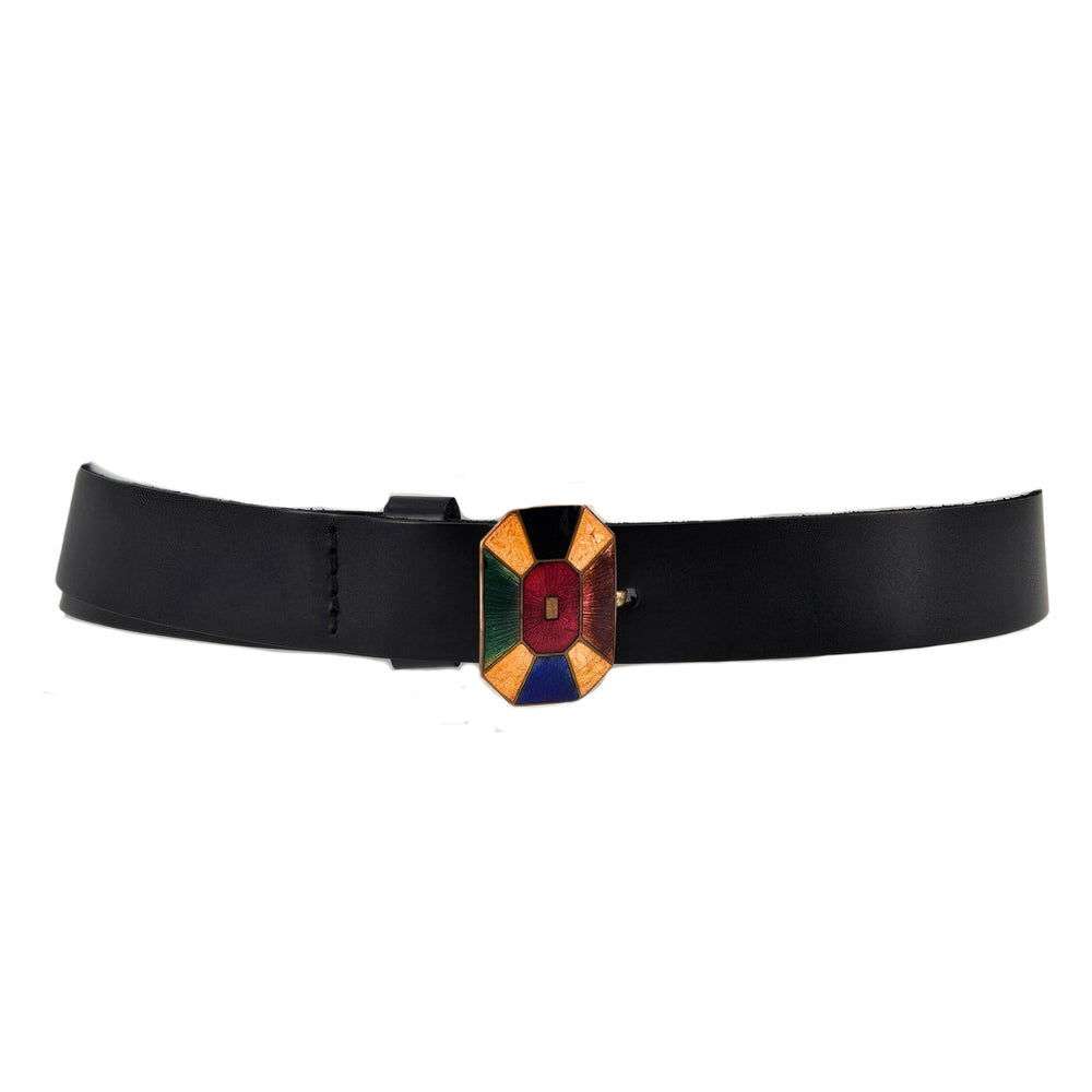 Black leather belt with geometric enamel Art Deco buckle, multicolor center