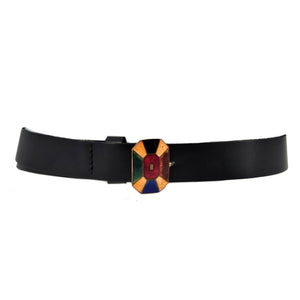 Black leather belt with geometric enamel Art Deco buckle, multicolor center