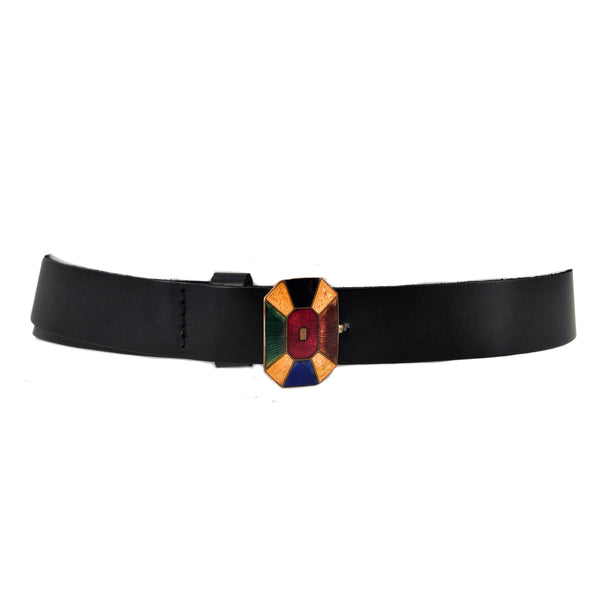 Black leather belt with geometric enamel Art Deco buckle, multicolor center