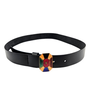 Black leather belt with multicolor geometric enamel buckle, centered on strap