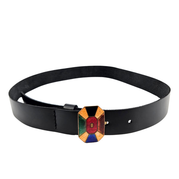 Black leather belt with multicolor geometric enamel buckle, centered on strap