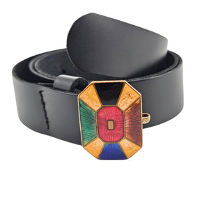 Black leather belt with arched buckle detail and multicolor enamel geometric face