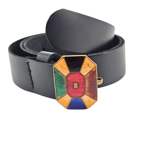 Black leather belt with arched buckle detail and multicolor enamel geometric face